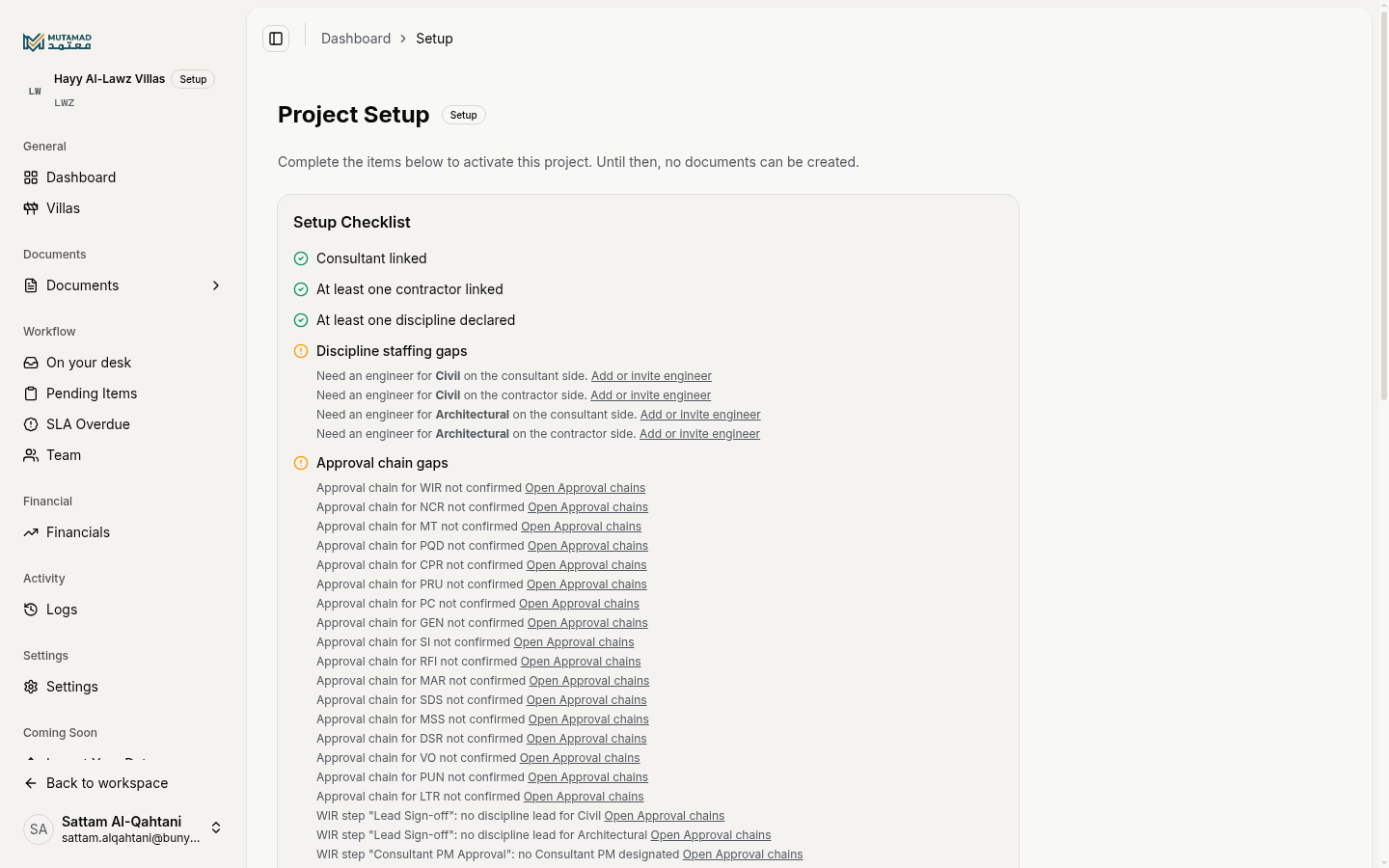 Mutamad project setup wizard — five gates